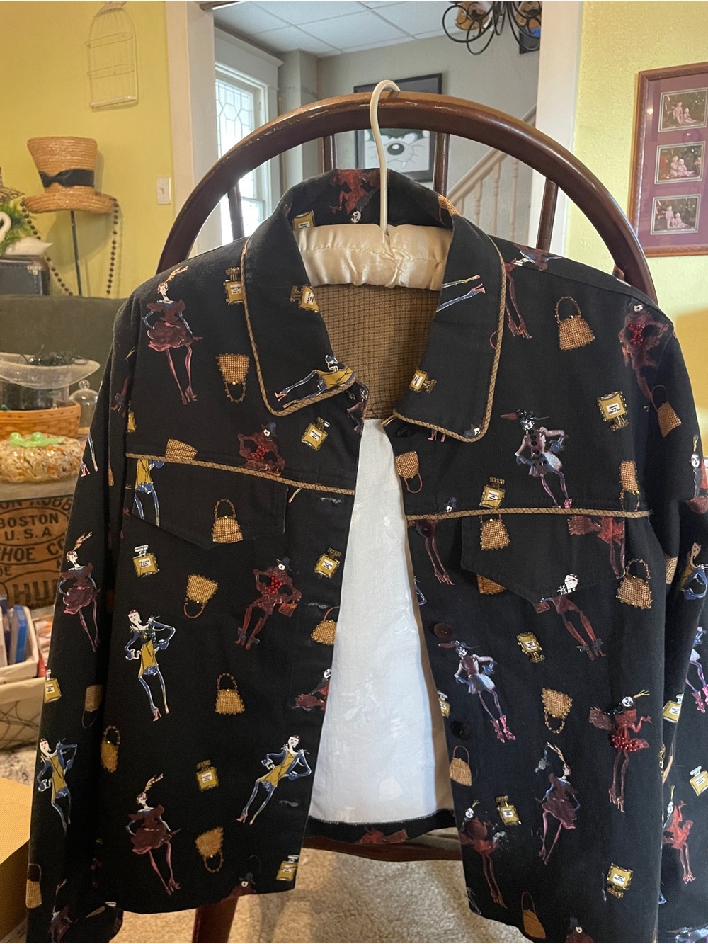 Vanity Black Jean Jacket with Fashion Figure & Gold Accent Print